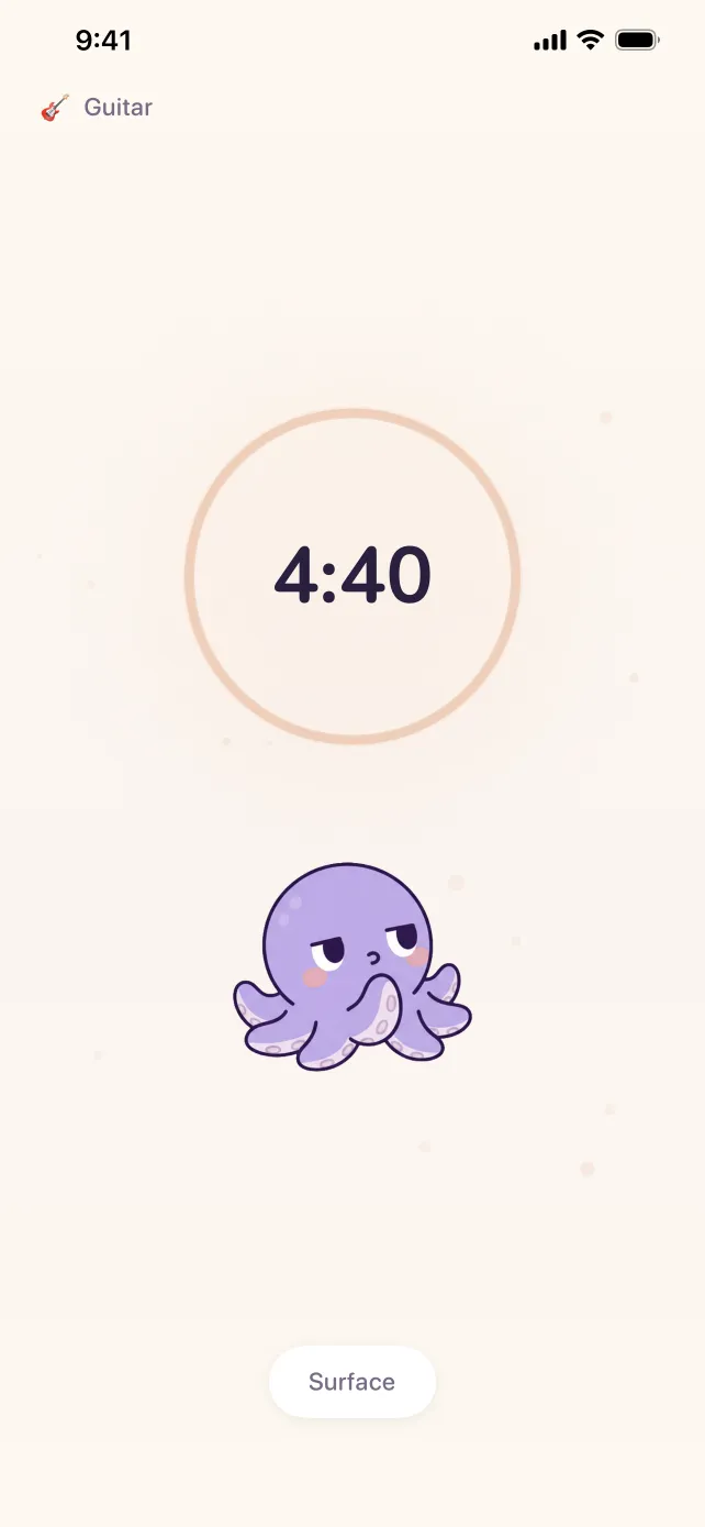 Ollie app dive timer screen showing a 4:40 focus session for Guitar with Ollie cheering you on